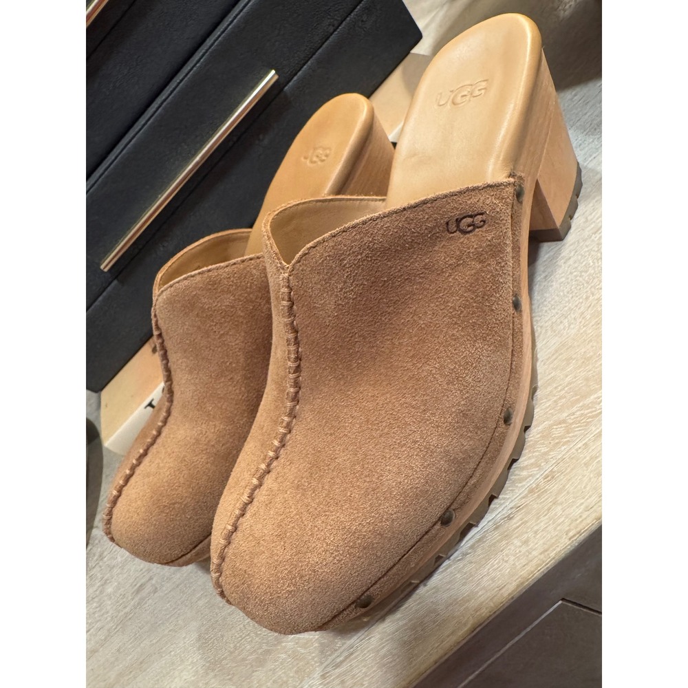 UGG New Heights Cozy Clog Chestnut Suede Wooden Platform Mules Womens  9 MINT
